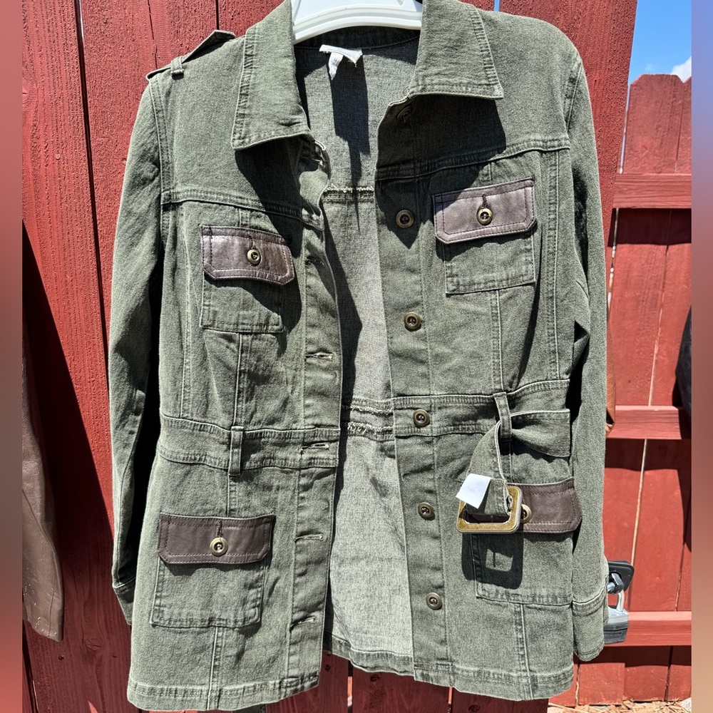 Green Military Style Jacket with Brown Accents